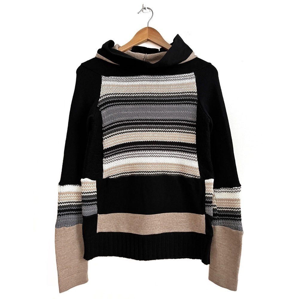 HANDMADE Striped Patchwork Cowl Neck Hoodie Sweater